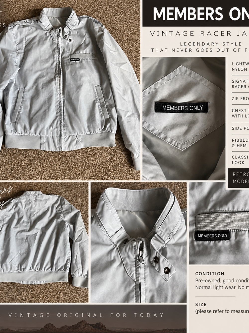 Members Only Light Gray Men's Vintage Racer Bomber Jacket — Large